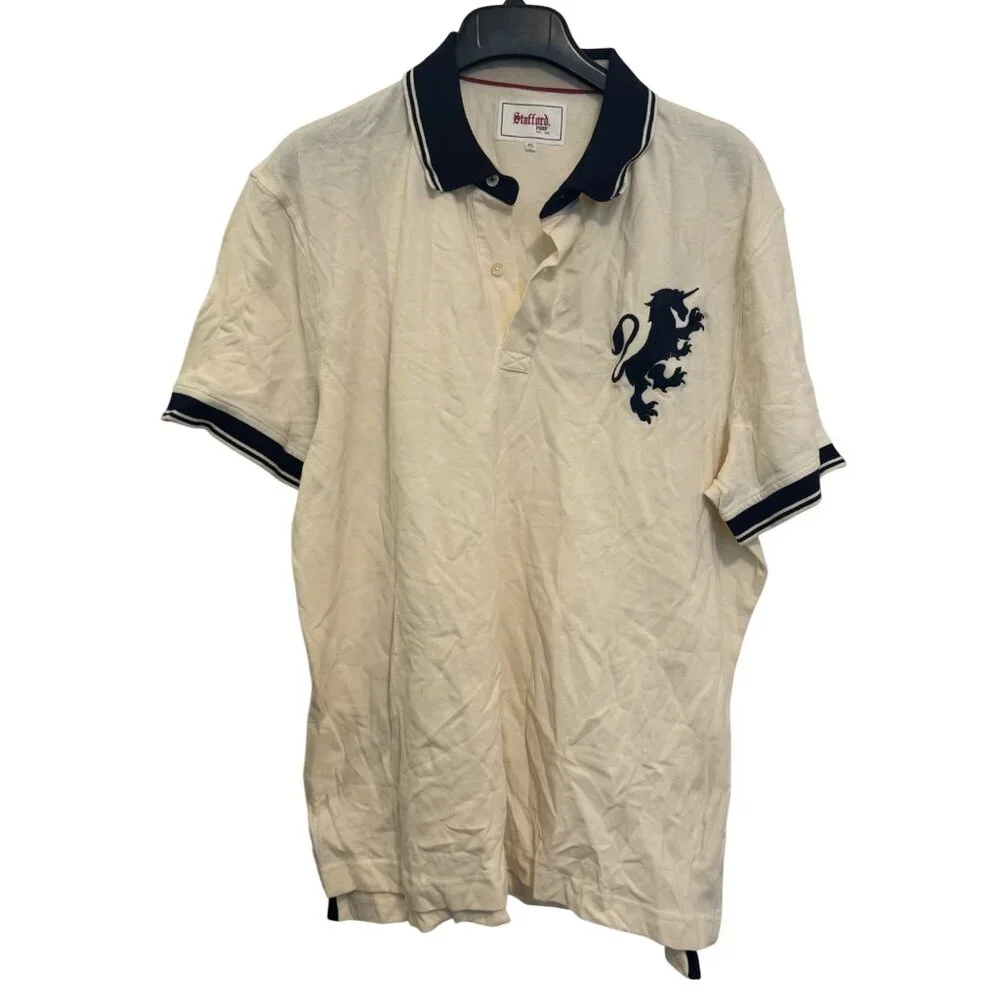 Stafford Prep Mens Polo XL Ivory/Navy Embroidered Lion Cotton Short Sleeve Shirt